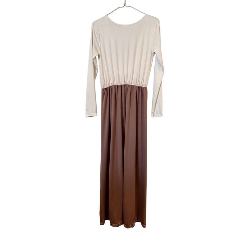 Soho Chic Two-tone Colorblock Long Sleeve Dress White Amber Brown Medium